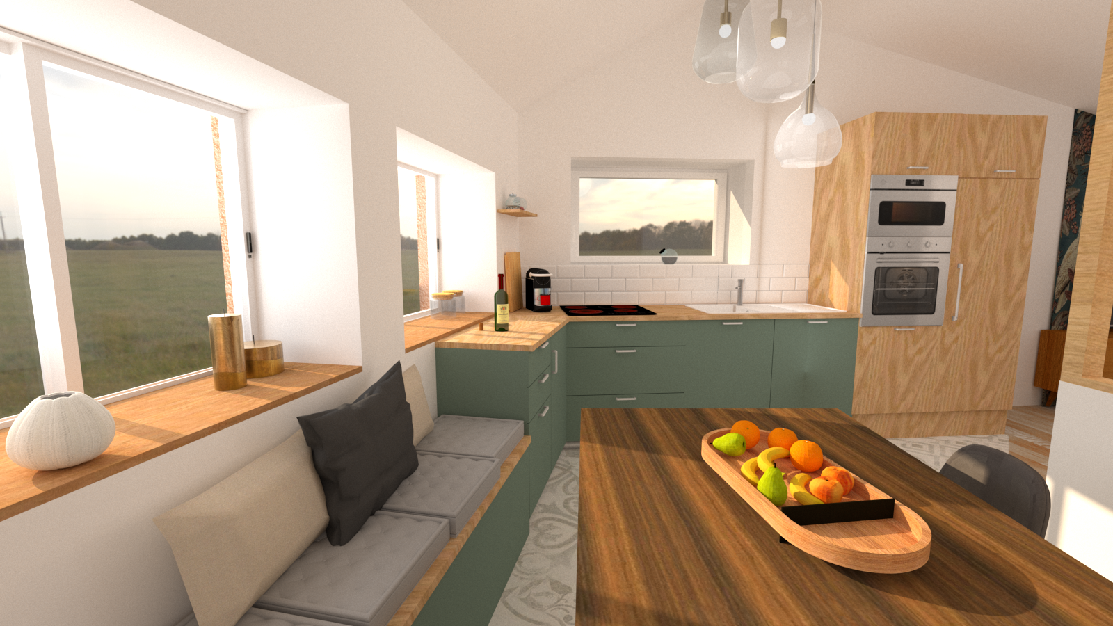 Rendu visuel rénovation cuisine pour rénovation complète d'une maison de village près d'Aix-en-Provence