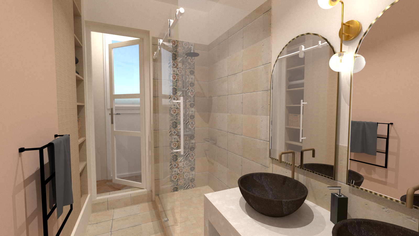 Rénovation d'une salle de bain travertin meuble vasque bois et béton ciré à Aix-en-Provence