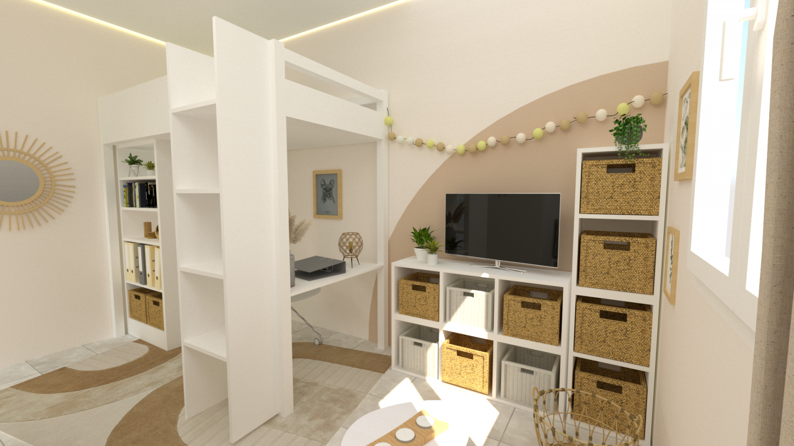 aménagement coin tv et banquette chambre enfant 