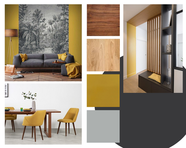 Planche d'inspiration déco dans un style noir et moutarde pour une entrée sur la Côte bleue