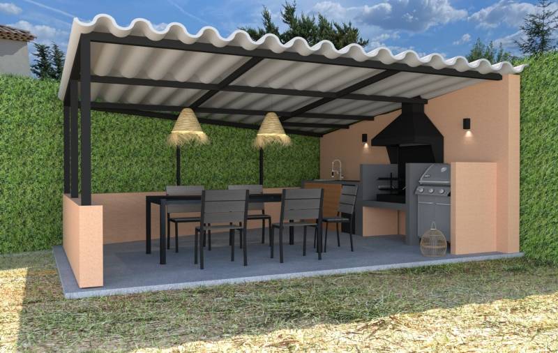 rendu visuel pool house moderne avec barbecue argentin sur-mesure à puyloubier